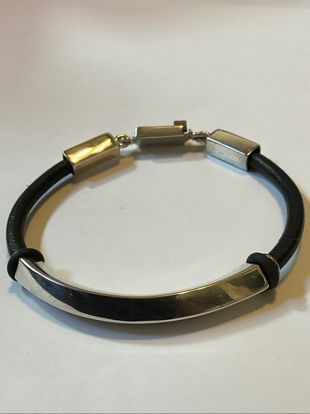 Men's Black Leather Bracelet with Sterling Silver Tube Accent